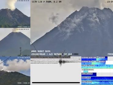 Gunung Merapi terpantau berstatus Siaga (Level III) dengan guguran lava pijar dan asap putih sejauh 500 meter, pada Kamis (23/4/2026). (Live Merapi via Induk Frekom_86)