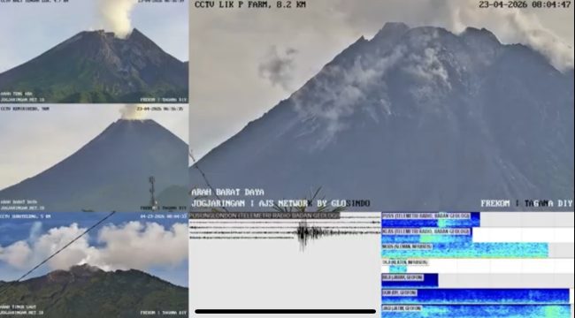 Gunung Merapi terpantau berstatus Siaga (Level III) dengan guguran lava pijar dan asap putih sejauh 500 meter, pada Kamis (23/4/2026). (Live Merapi via Induk Frekom_86)