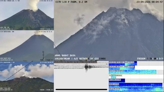 
					Gunung Merapi terpantau berstatus Siaga (Level III) dengan guguran lava pijar dan asap putih sejauh 500 meter, pada Kamis (23/4/2026). (Live Merapi via Induk Frekom_86)