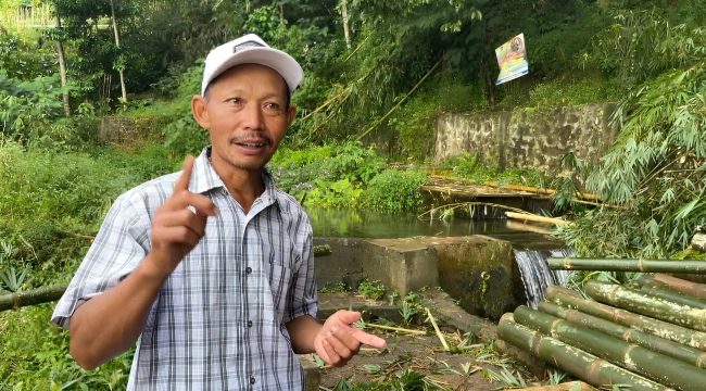 Tokoh penggerak konservasi, Kabul Asrori, menjelaskan keberhasilan penanaman pohon aren dalam mencegah kekeringan di Dusun Tirto, Desa Tirto, Magelang. (Muhammad Tegar Julianto/ Lingkunganku) 