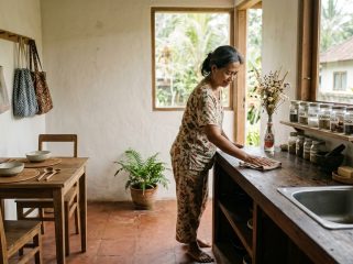 Penerapan sustainable aesthetic di rumah: mengganti kemasan plastik sekali pakai dengan stoples kaca, membiasakan tas belanja kain, dan memaksimalkan pencahayaan alami