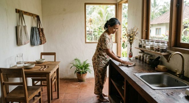 
					Penerapan sustainable aesthetic di rumah: mengganti kemasan plastik sekali pakai dengan stoples kaca, membiasakan tas belanja kain, dan memaksimalkan pencahayaan alami