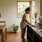 Seorang wanita sedang membersihkan meja dapur kayu di ruang makan bersahaja dengan pencahayaan alami. Terdapat stoples kaca daur ulang berisi bumbu dapur, tas belanja kain yang digantung, perabotan kayu, dan tanaman hias yang mencerminkan gaya hidup ramah lingkungan tanpa sampah plastik.